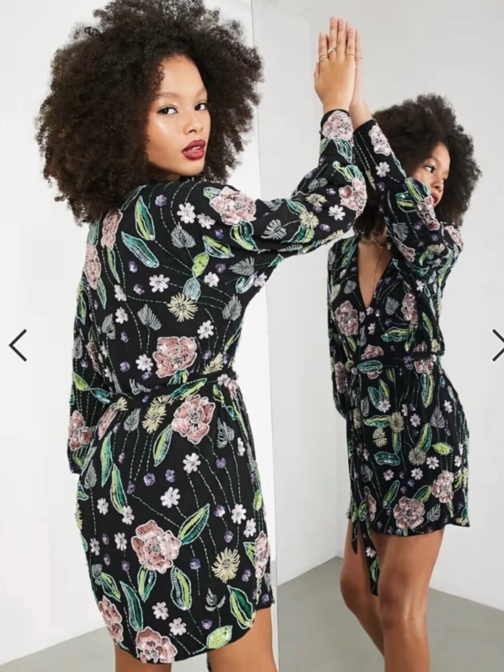 ASOS Beaded/Embellished Black Floral Wrap Mini Dress - Picture 3 of 11